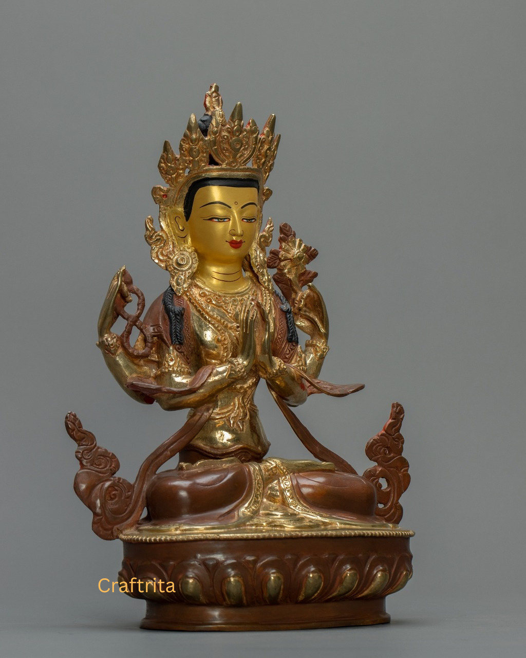 Tibetan Chenrezig Statue – Handmade in Nepal | Copper Body with 24K Gold Fire Gilding & Painted Details | Deity of Compassion