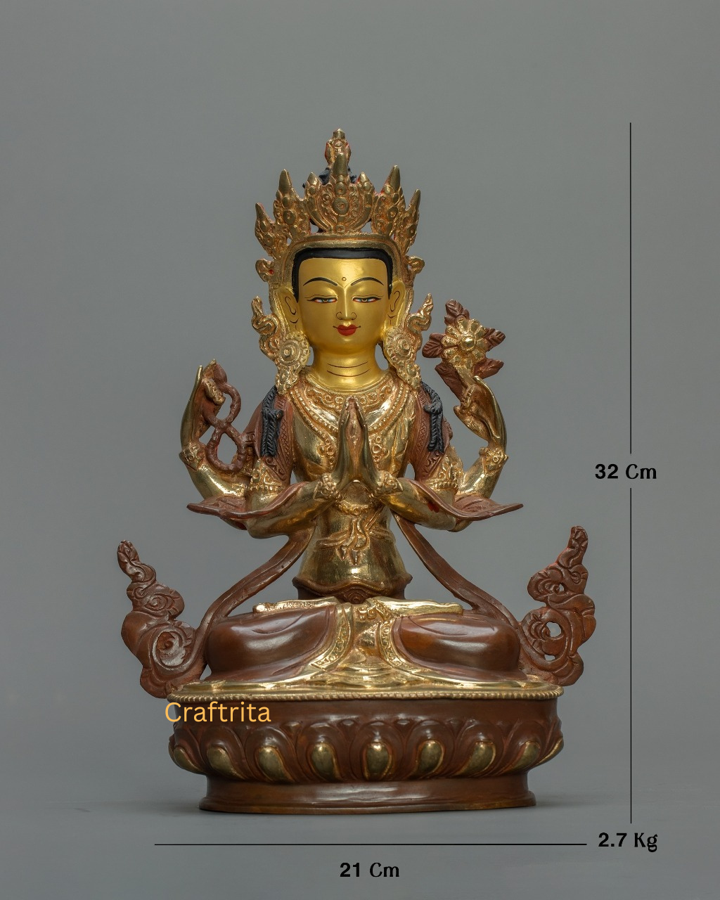 Tibetan Chenrezig Statue – Handmade in Nepal | Copper Body with 24K Gold Fire Gilding & Painted Details | Deity of Compassion