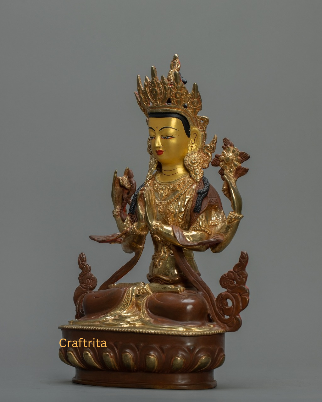 Tibetan Chenrezig Statue – Handmade in Nepal | Copper Body with 24K Gold Fire Gilding & Painted Details | Deity of Compassion