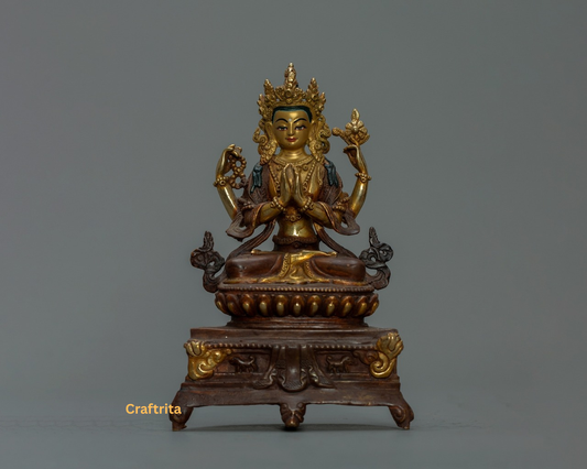 Handcrafted Chenrezig (Avalokiteshvara) Statue  – Copper with 24K Gold Plating | Tibetan Bodhisattva of Compassion