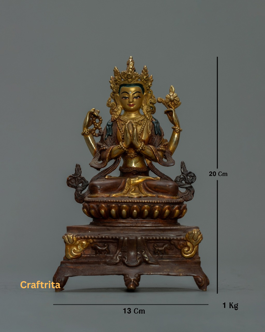 Handcrafted Chenrezig (Avalokiteshvara) Statue  – Copper with 24K Gold Plating | Tibetan Bodhisattva of Compassion