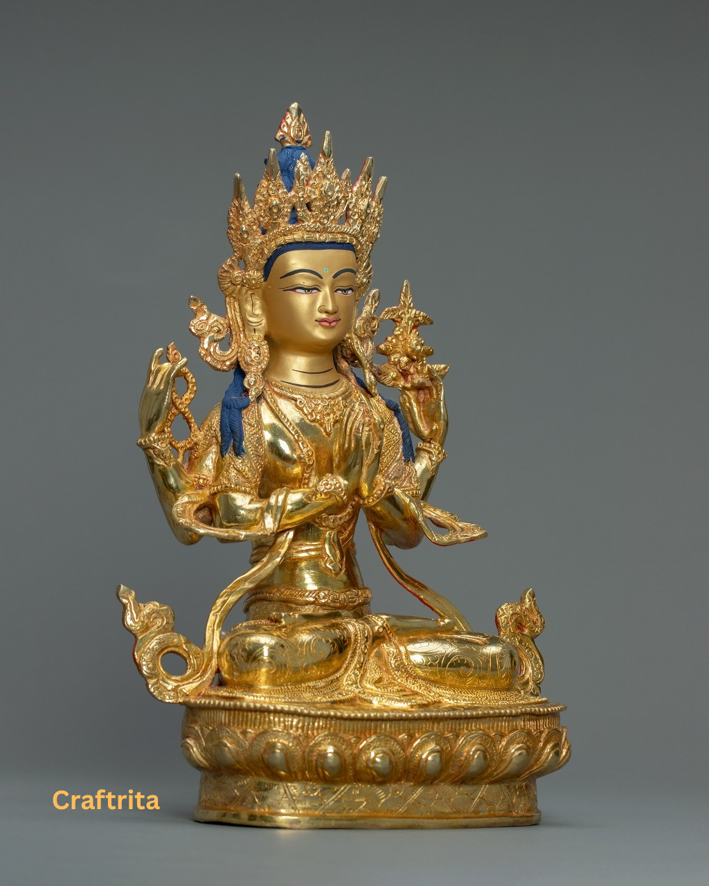 Chenrezig (Avalokiteshvara) Statue  – Handmade in Nepal | 24K Gold-Plated Copper | Tibetan Deity of Compassion & Peace