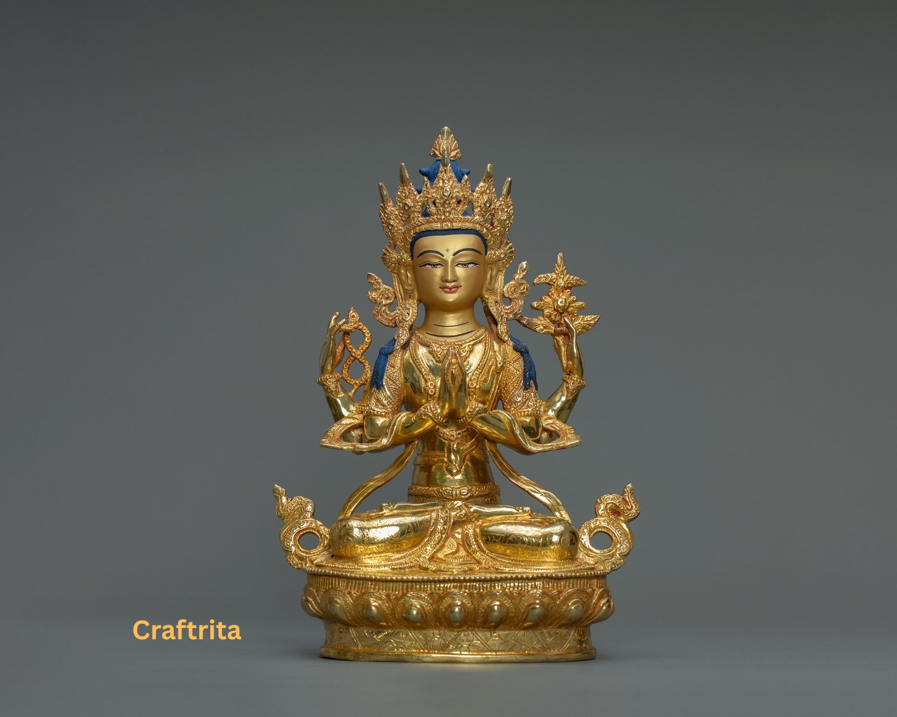 Chenrezig (Avalokiteshvara) Statue  – Handmade in Nepal | 24K Gold-Plated Copper | Tibetan Deity of Compassion & Peace