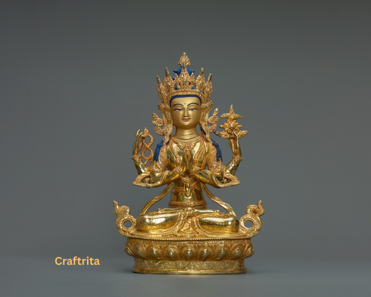 Chenrezig (Avalokiteshvara) Statue  – Handmade in Nepal | 24K Gold-Plated Copper | Tibetan Deity of Compassion & Peace