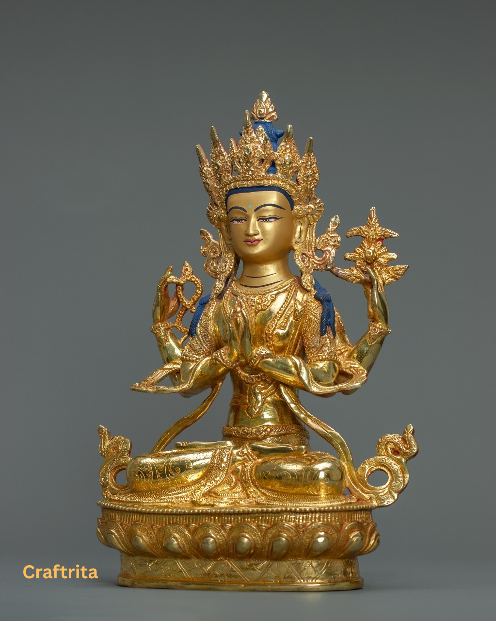 Chenrezig (Avalokiteshvara) Statue  – Handmade in Nepal | 24K Gold-Plated Copper | Tibetan Deity of Compassion & Peace