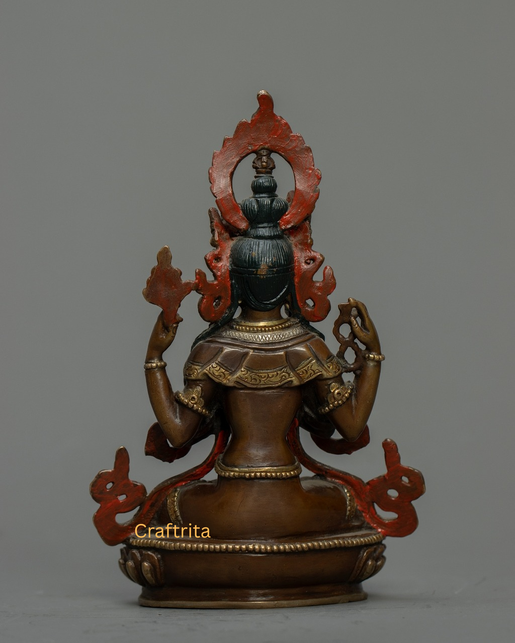 Chenrezig (Avalokiteshvara) Statue 0.7 kg – Oxidized Copper Body with 24K Gold & Silver Plating | Handmade Tibetan Buddhist Deity of Compassion