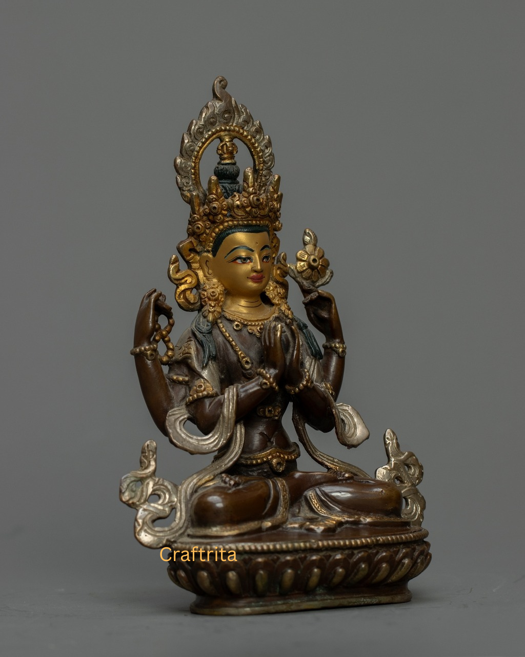 Chenrezig (Avalokiteshvara) Statue 0.7 kg – Oxidized Copper Body with 24K Gold & Silver Plating | Handmade Tibetan Buddhist Deity of Compassion