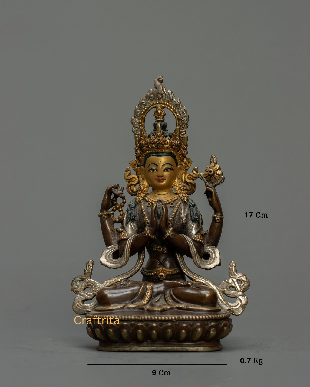 Chenrezig (Avalokiteshvara) Statue 0.7 kg – Oxidized Copper Body with 24K Gold & Silver Plating | Handmade Tibetan Buddhist Deity of Compassion