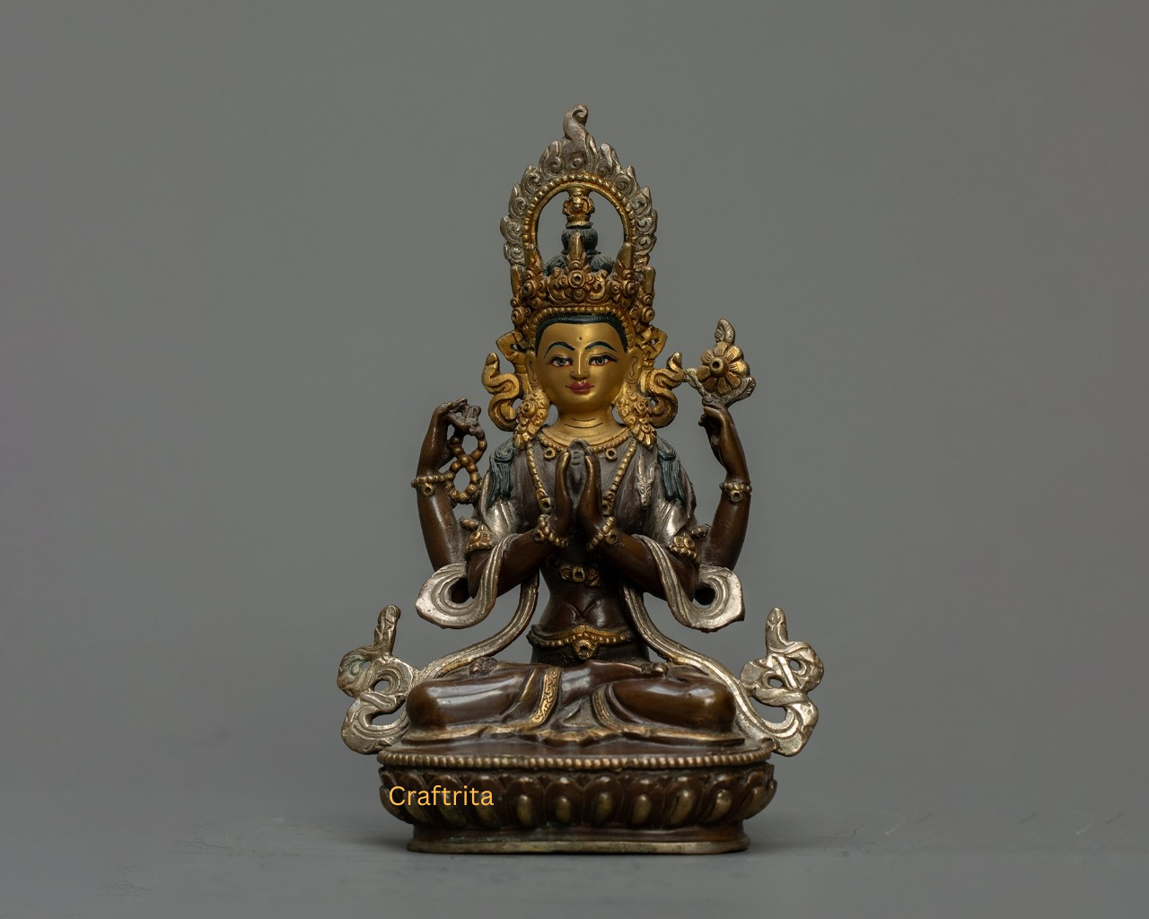 Chenrezig (Avalokiteshvara) Statue 0.7 kg – Oxidized Copper Body with 24K Gold & Silver Plating | Handmade Tibetan Buddhist Deity of Compassion