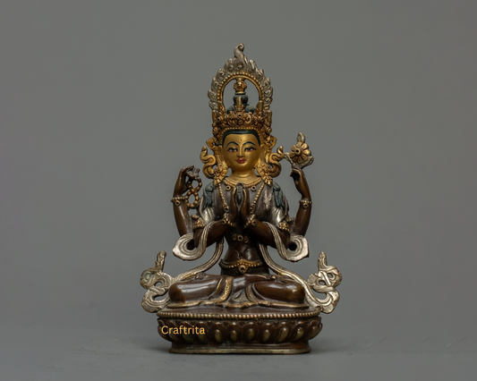 Chenrezig (Avalokiteshvara) Statue 0.7 kg – Oxidized Copper Body with 24K Gold & Silver Plating | Handmade Tibetan Buddhist Deity of Compassion