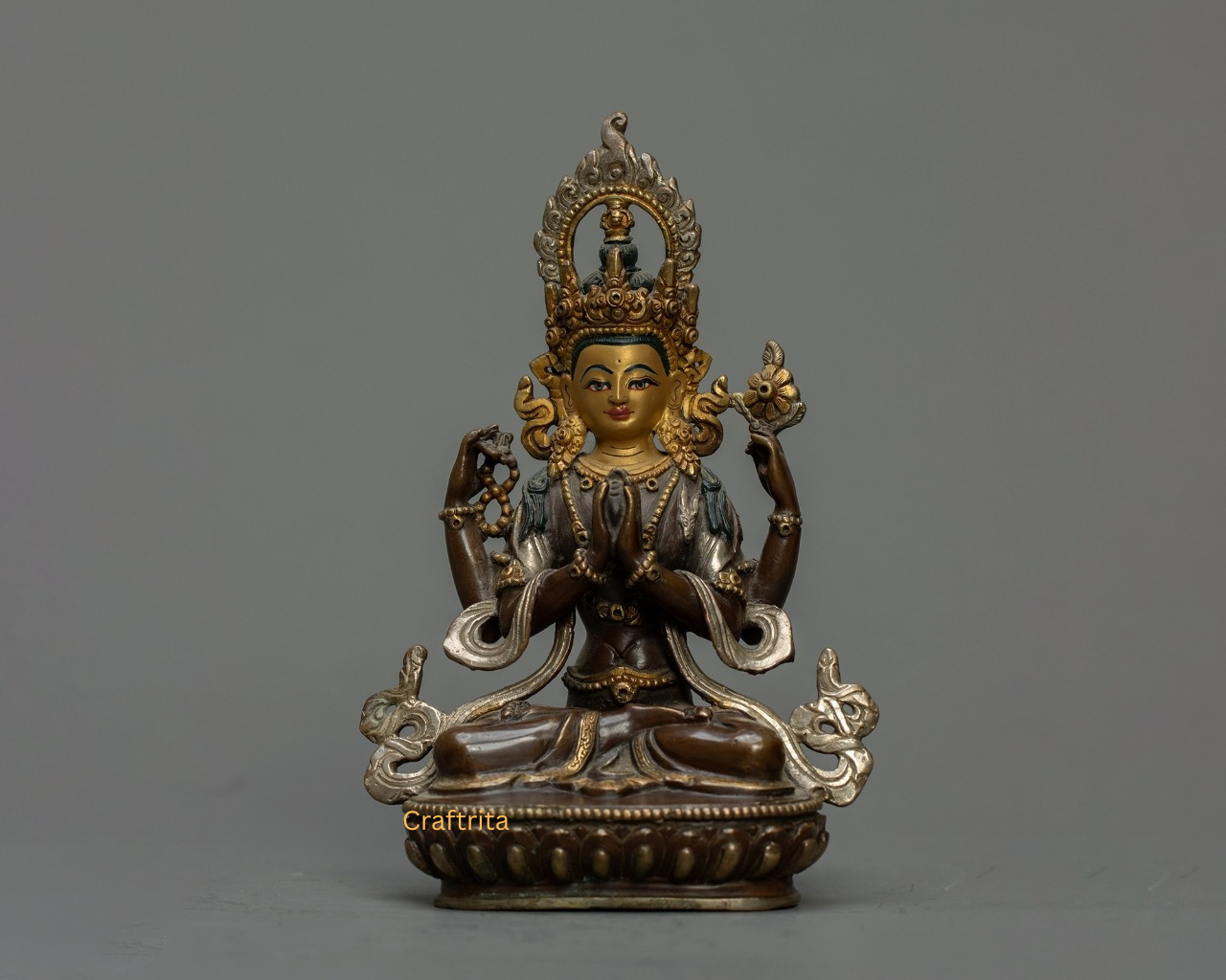 Chenrezig (Avalokiteshvara) Statue 0.7 kg – Oxidized Copper Body with 24K Gold & Silver Plating | Handmade Tibetan Buddhist Deity of Compassion