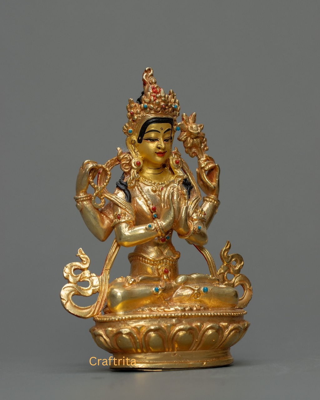 Chenrezig (Avalokiteshvara) Statue 0.8kg – Copper Body with 24K Gold Plating by Fire Gilding | Handmade Tibetan Buddhist Deity of Compassion