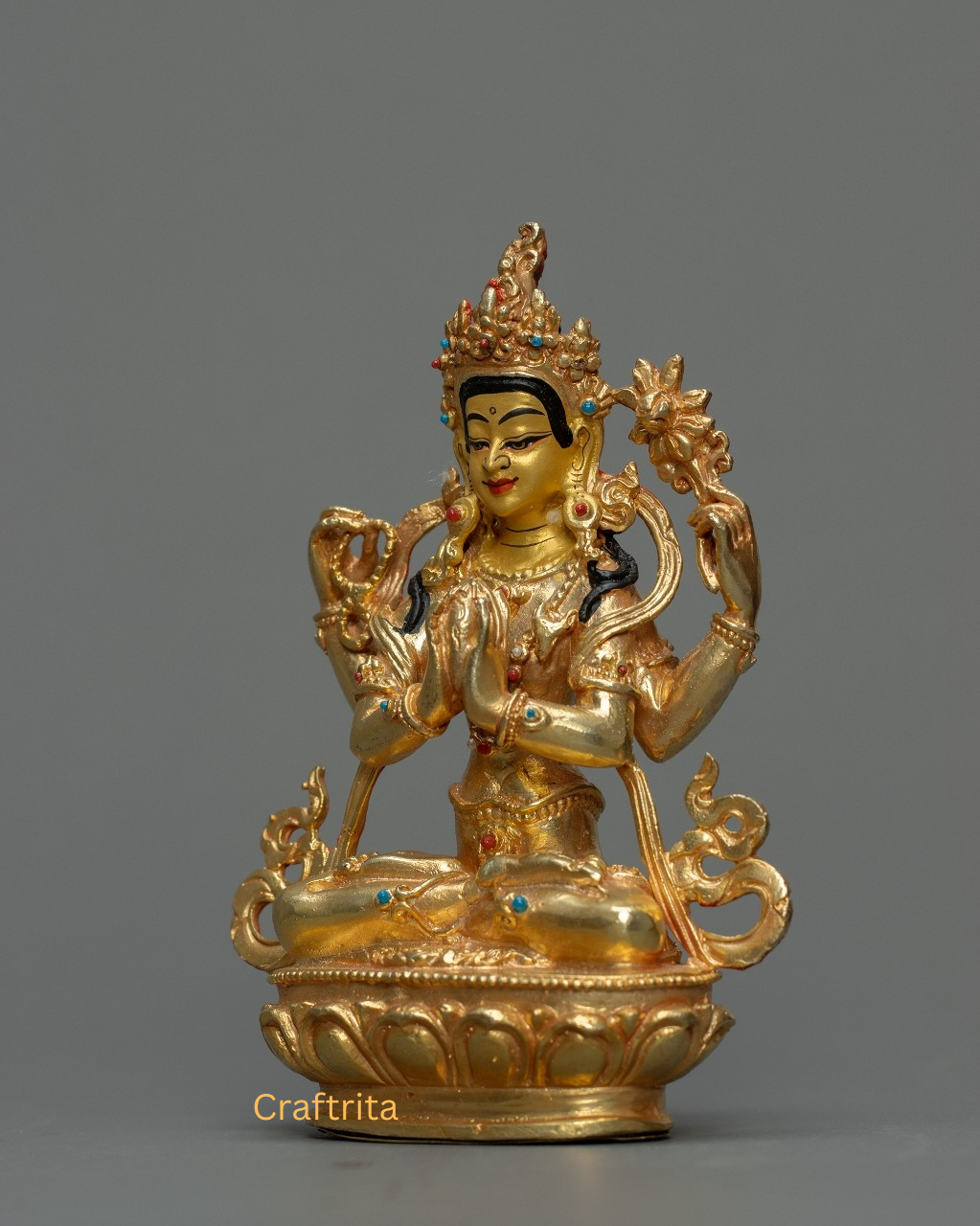 Chenrezig (Avalokiteshvara) Statue 0.8kg – Copper Body with 24K Gold Plating by Fire Gilding | Handmade Tibetan Buddhist Deity of Compassion