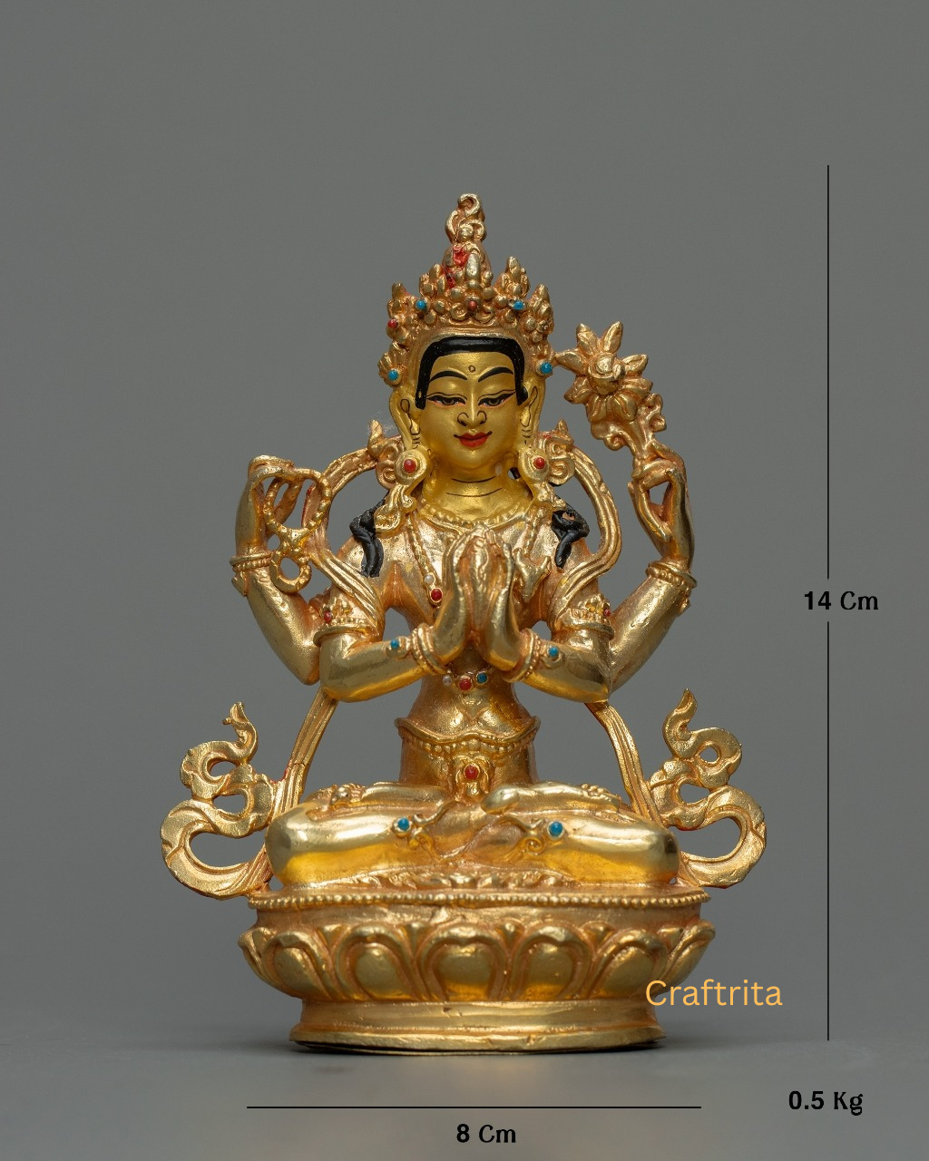 Chenrezig (Avalokiteshvara) Statue 0.8kg – Copper Body with 24K Gold Plating by Fire Gilding | Handmade Tibetan Buddhist Deity of Compassion