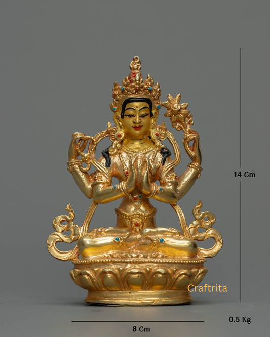 Chenrezig (Avalokiteshvara) Statue – Copper Body with 24K Gold Plating by Fire Gilding | Handmade Tibetan Buddhist Deity of Compassion