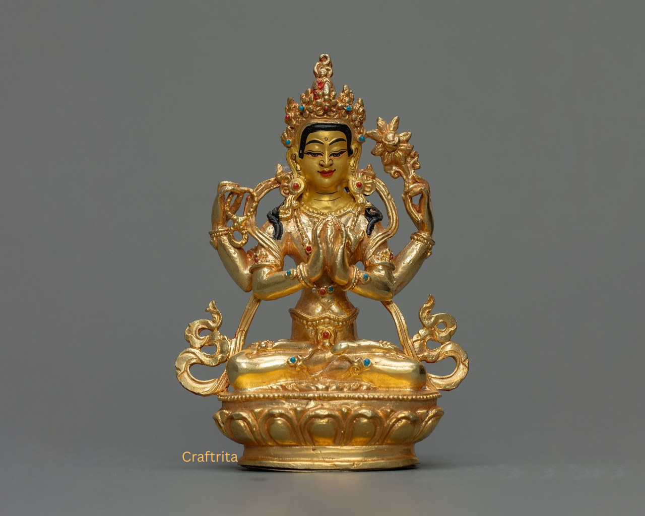 Chenrezig (Avalokiteshvara) Statue 0.8kg – Copper Body with 24K Gold Plating by Fire Gilding | Handmade Tibetan Buddhist Deity of Compassion