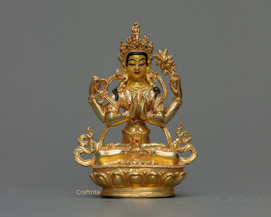 Chenrezig (Avalokiteshvara) Statue 0.8kg – Copper Body with 24K Gold Plating by Fire Gilding | Handmade Tibetan Buddhist Deity of Compassion