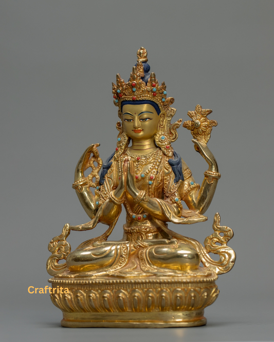 Chenrezig (Avalokiteshvara) Statue 1.4kg – Handmade in Nepal | Copper with 24K Gold Plating & Fire Gilding | Tibetan Buddhist Art & Spiritual Home Decor