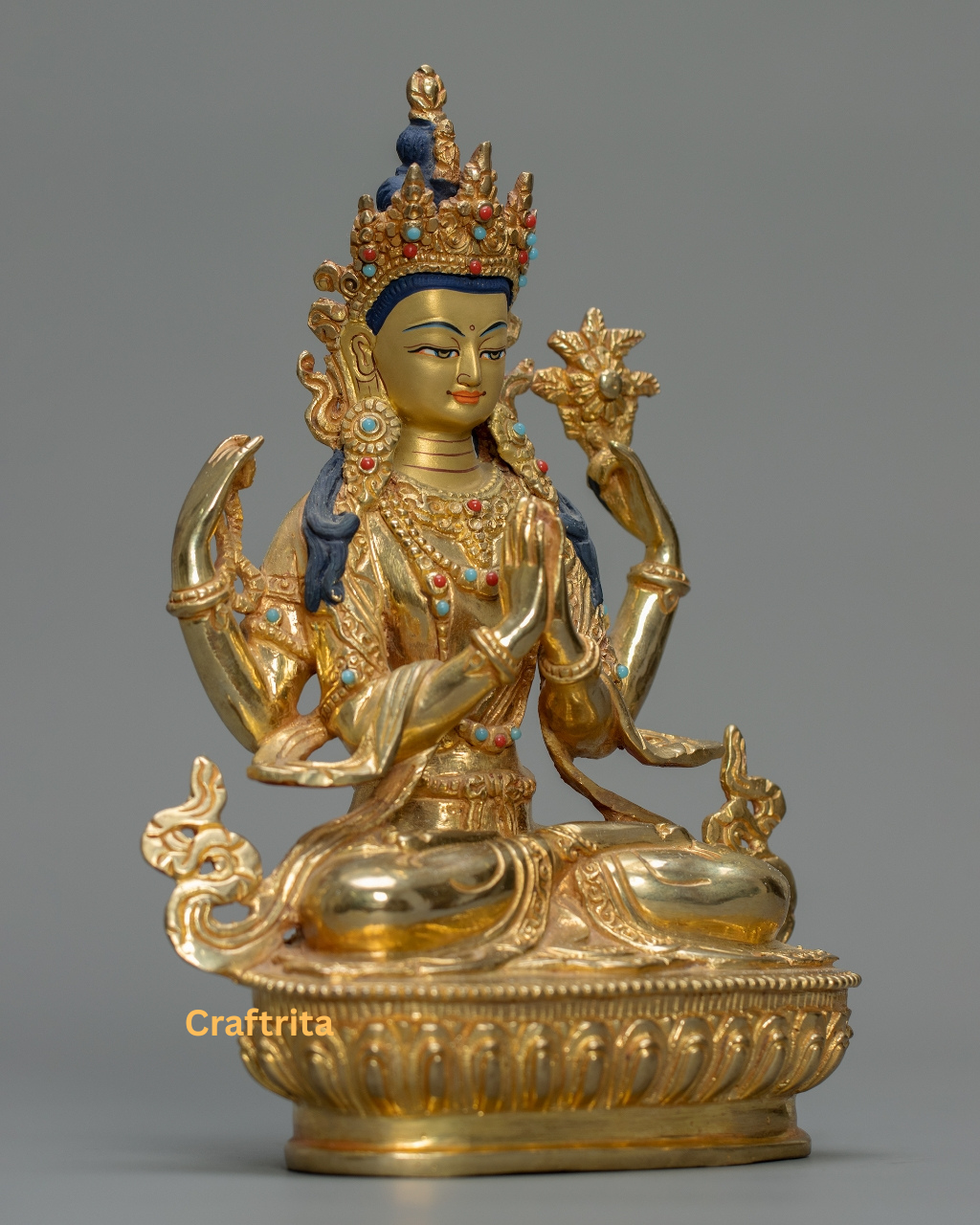 Chenrezig (Avalokiteshvara) Statue 1.4kg – Handmade in Nepal | Copper with 24K Gold Plating & Fire Gilding | Tibetan Buddhist Art & Spiritual Home Decor