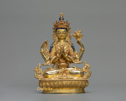 Handmade Chenrezig Buddha Statue – 24K Gold-Plated Copper | Tibetan Avalokiteshvara Deity of Compassion & Serenity