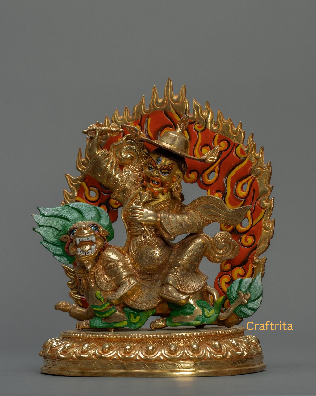 Dorje Legpa Statue 2.5 kg – Copper Body with 24K Gold Plated Fire Gilding & Acrylic Painting | Handmade Tibetan Buddhist Deity for Spiritual Home Decor