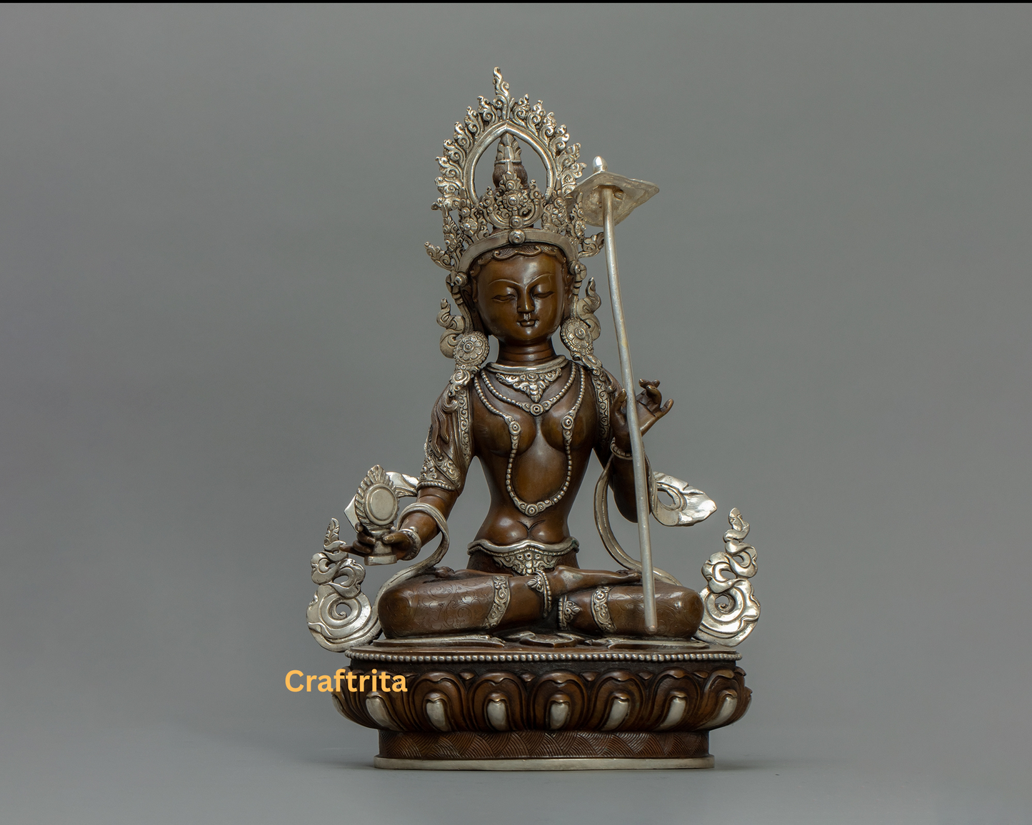 Handcrafted Dukkar Statue– Oxidized Copper with Silver Plating | Fire-Gilded Tibetan Sacred Art & Home Decor ✅