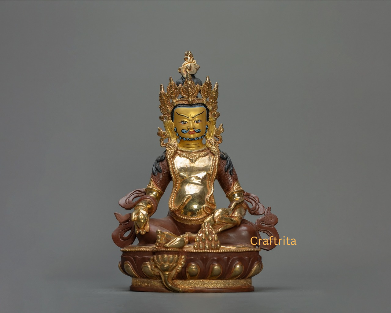 Dzambala Statue 1.7 kg – Copper Body with 24K Gold Plating & Acrylic Painting by Fire Gilding | Handmade Tibetan Buddhist Deity of Wealth & Prosperity