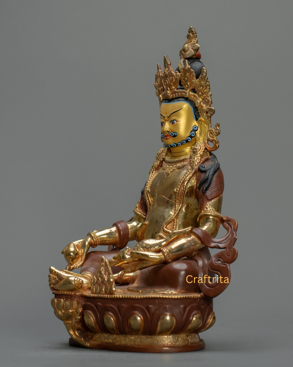 Dzambala Statue 1.7 kg – Copper Body with 24K Gold Plating & Acrylic Painting by Fire Gilding | Handmade Tibetan Buddhist Deity of Wealth & Prosperity