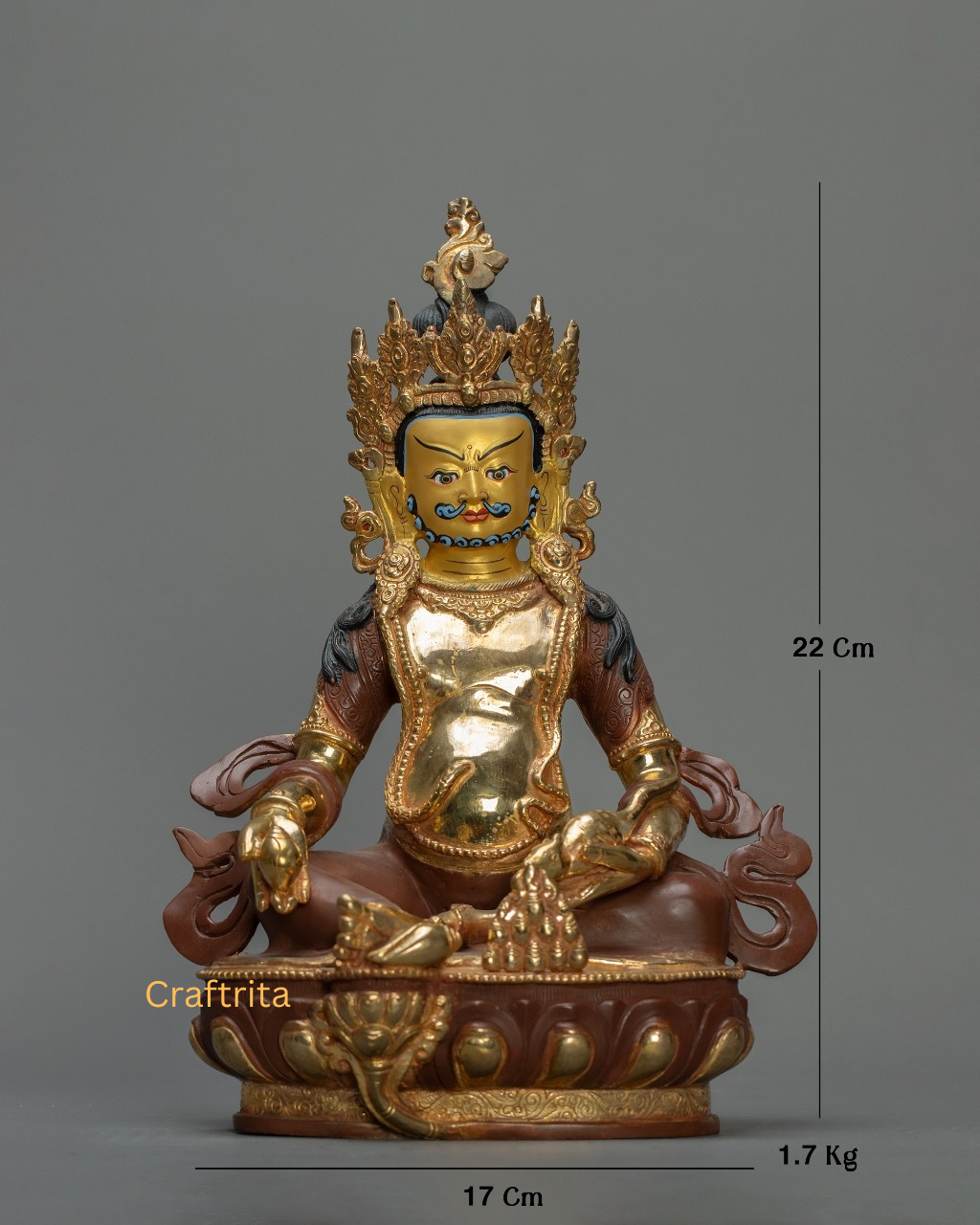 Dzambala Statue 1.7 kg – Copper Body with 24K Gold Plating & Acrylic Painting by Fire Gilding | Handmade Tibetan Buddhist Deity of Wealth & Prosperity
