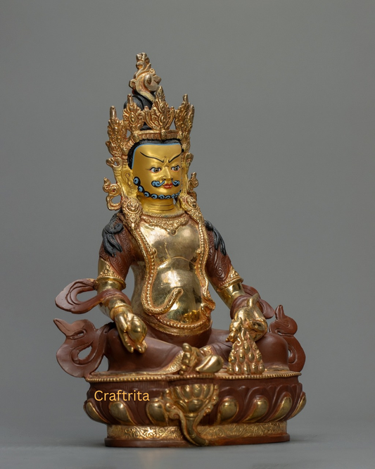 Dzambala Statue 1.7 kg – Copper Body with 24K Gold Plating & Acrylic Painting by Fire Gilding | Handmade Tibetan Buddhist Deity of Wealth & Prosperity