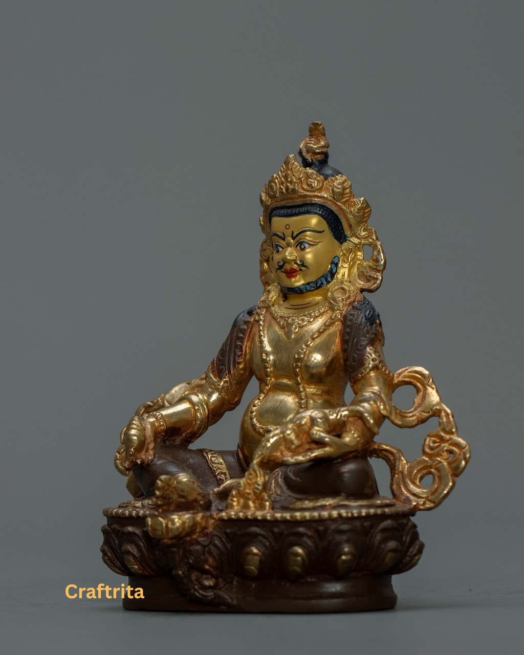 Dzambhala Statue– Handmade Copper with 24K Gold Plating & Acrylic Painting | Tibetan Wealth Deity