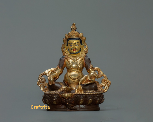 Dzambhala Statue– Handmade Copper with 24K Gold Plating & Acrylic Painting | Tibetan Wealth Deity