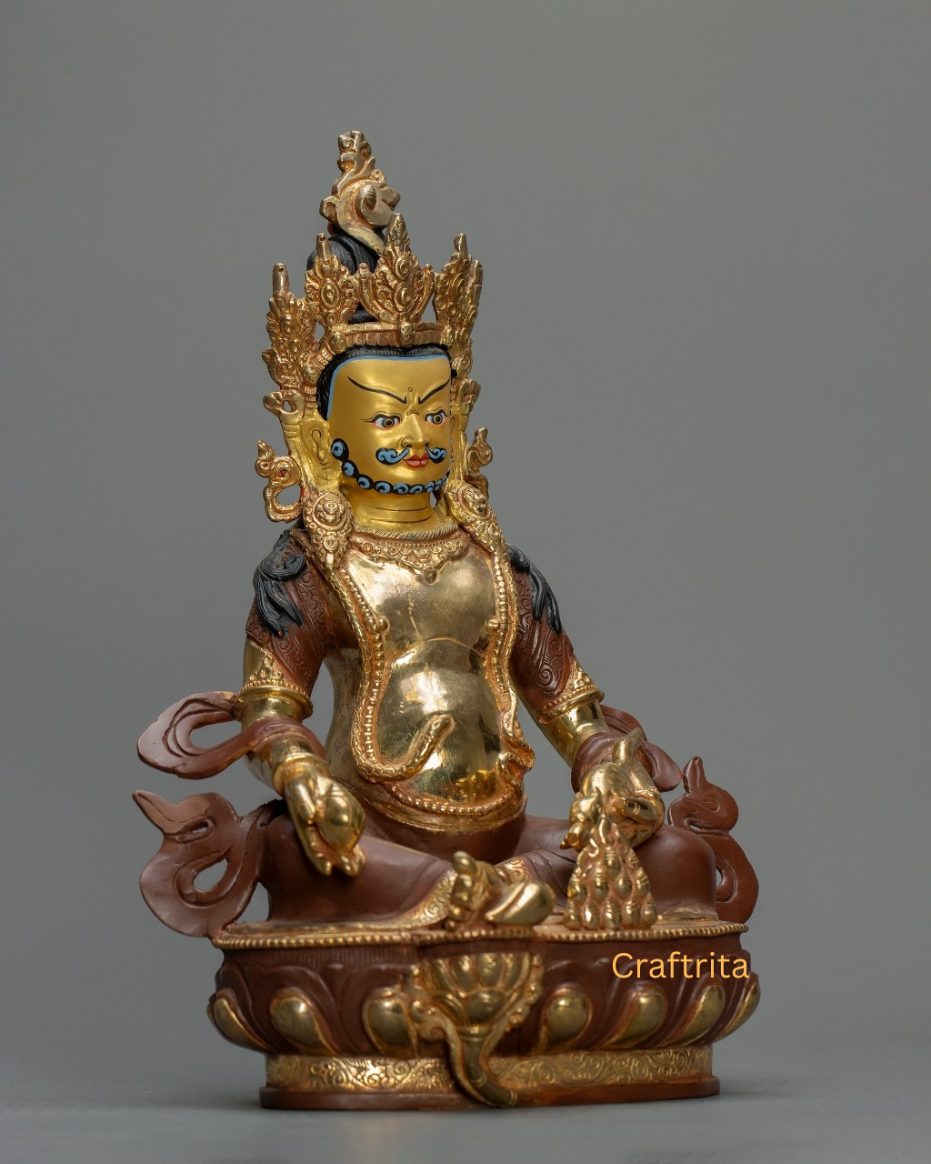 Dzambhala Statue 4.1 kg – Copper Body with 24K Gold Plating by Fire Gilding & Acrylic Painting | Handmade Tibetan Buddhist Deity of Wealth & Prosperity