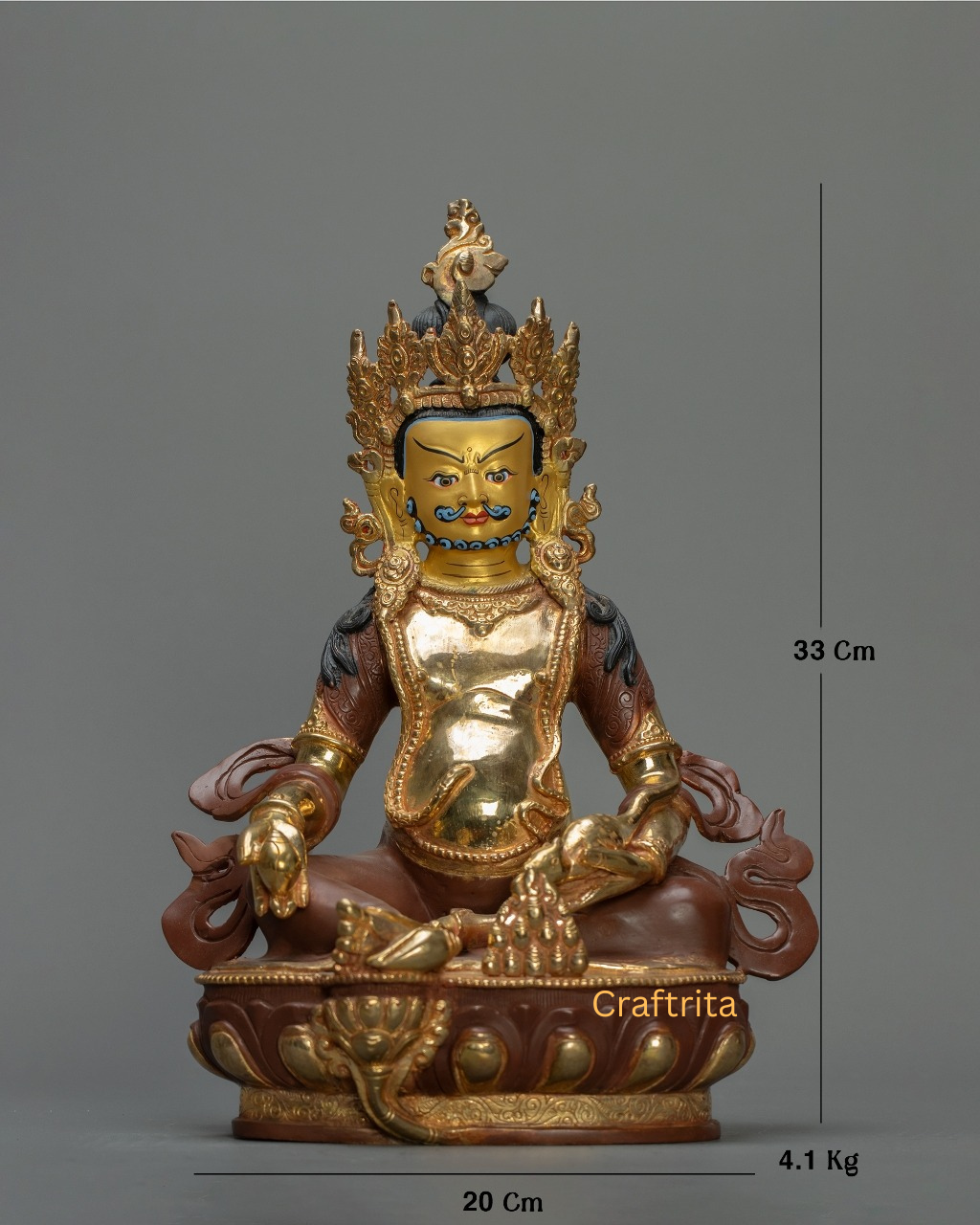 Dzambhala Statue 4.1 kg – Copper Body with 24K Gold Plating by Fire Gilding & Acrylic Painting | Handmade Tibetan Buddhist Deity of Wealth & Prosperity