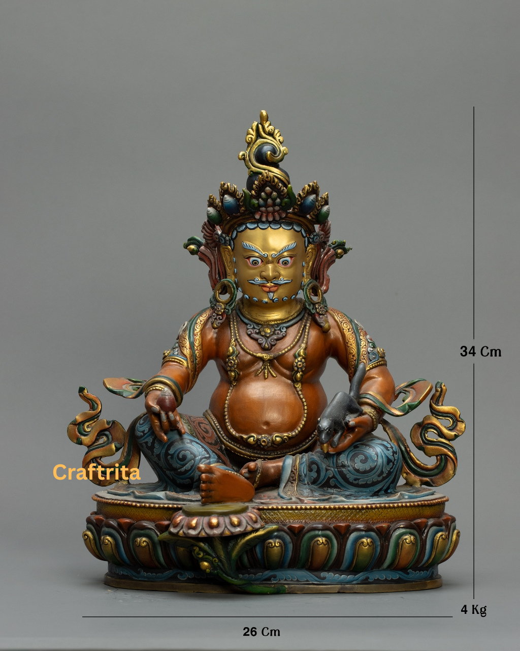 Dzambhala Statue – Wealth Deity – 4kg Copper Body with 24K Gold Plating & Fire Gilding – Buddhist Spiritual Art & Home Decor