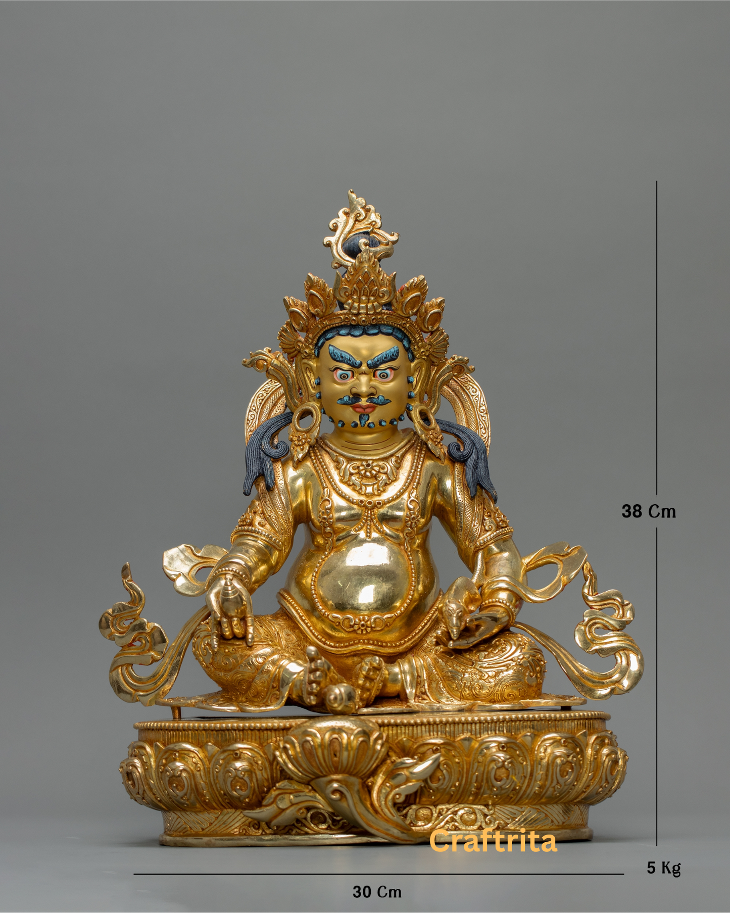 Dzambhala Statue 5kg – Handmade in Nepal | Copper with 24K Gold Plating & Fire Gilding | Tibetan Buddhist Art & Spiritual Home Decor