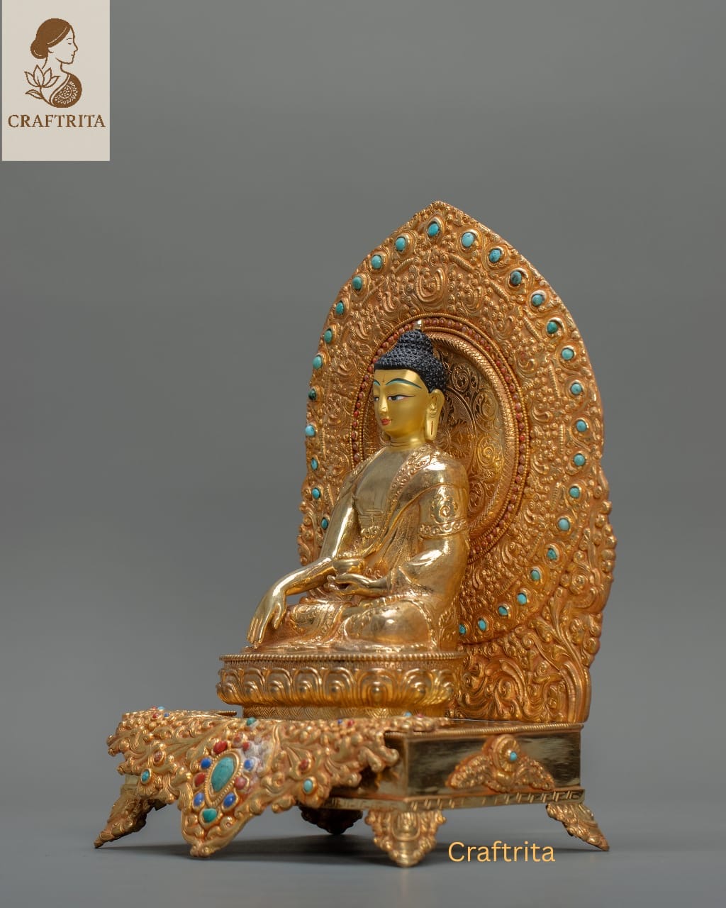 Shakyamuni Buddha on Throne Statue – Handcrafted in Nepal | Tibetan Buddhist Art for Spiritual Home Decor