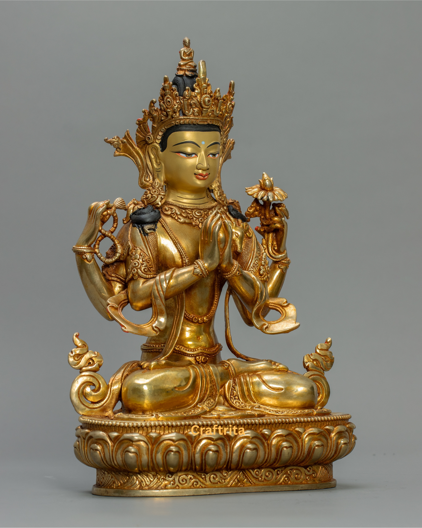 Chenrezig Statue (Avalokiteshvara) 3.3kg – Handmade in Nepal | Copper with 24K Gold Plating & Fire Gilding | Tibetan Buddhist Art & Spiritual Home Decor