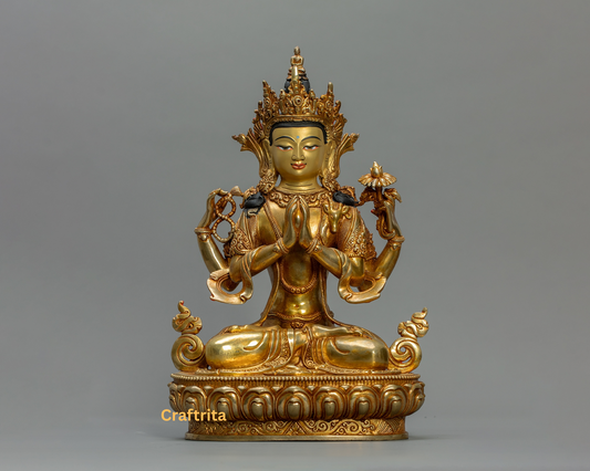 Chenrezig Statue (Avalokiteshvara) 3.3kg – Handmade in Nepal | Copper with 24K Gold Plating & Fire Gilding | Tibetan Buddhist Art & Spiritual Home Decor