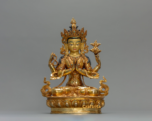 Chenrezig Statue (Avalokiteshvara) 4.2kg – Handmade in Nepal | Copper with 24K Gold Plating & Fire Gilding | Tibetan Buddhist Art & Spiritual Home Decor