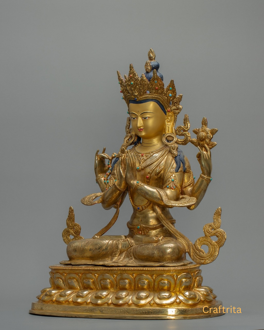 Four-Armed Chenrezig Statue – Handmade in Nepal | 24K Gold Fire-Gilded Copper Sculpture of Compassion & Wisdom