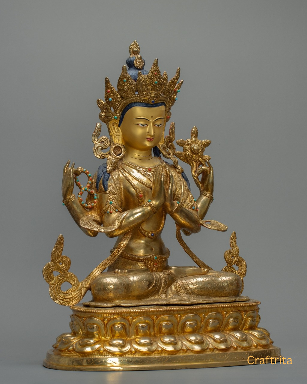 Four-Armed Chenrezig Statue – Handmade in Nepal | 24K Gold Fire-Gilded Copper Sculpture of Compassion & Wisdom