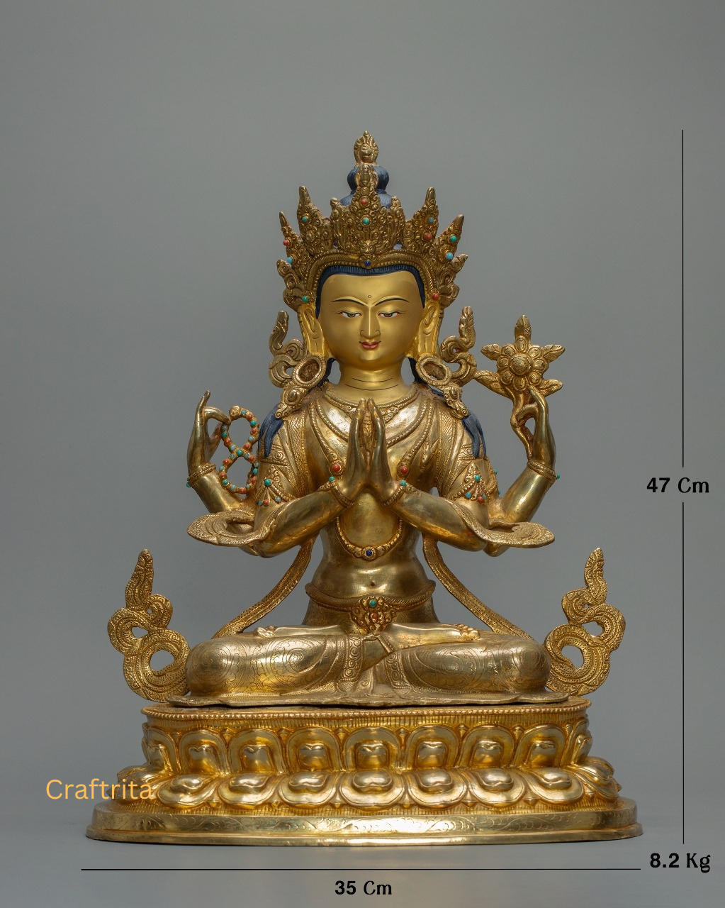 Four-Armed Chenrezig Statue – Handmade in Nepal | 24K Gold Fire-Gilded Copper Sculpture of Compassion & Wisdom