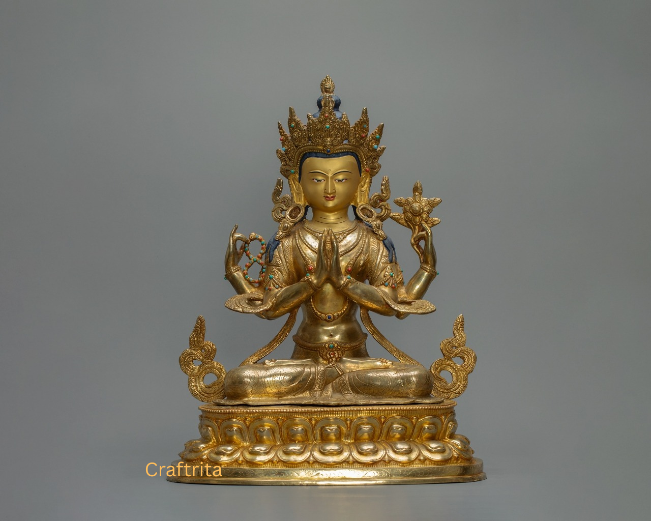 Four-Armed Chenrezig Statue – Handmade in Nepal | 24K Gold Fire-Gilded Copper Sculpture of Compassion & Wisdom