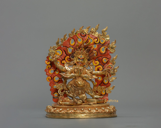 Four-Armed Vajrapani Statue 1.8 kg – Copper Body with 24K Gold Plated Fire Gilding & Acrylic Painting | Handmade Tibetan Buddhist Deity for Spiritual Home Decor