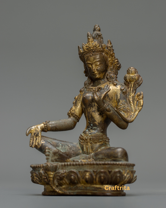 Green Tara Statue 0.9kg – Handmade in Nepal | Antique Finish Bronze & Copper | Tibetan Buddhist Goddess of Compassion & Protection | Spiritual Home Decor