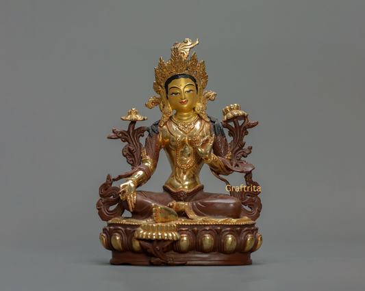 Green Tara Statue 1.8 kg – Copper Body with 24K Pure Gold Plated Fire Gilding & Acrylic Painting | Handmade Tibetan Buddhist Goddess of Compassion for Spiritual Home Decor