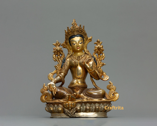 Green Tara Statue 2.2kg – Handcrafted Copper Body with 24K Gold Plating & Traditional Fire Gilding | Tibetan Buddhist Deity for Home Decor