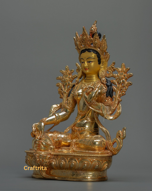 Green Tara Statue 3 kg – Copper Body with 24K Gold Plated Fire Gilding | Handmade Tibetan Buddhist Goddess of Compassion for Spiritual Home Decor