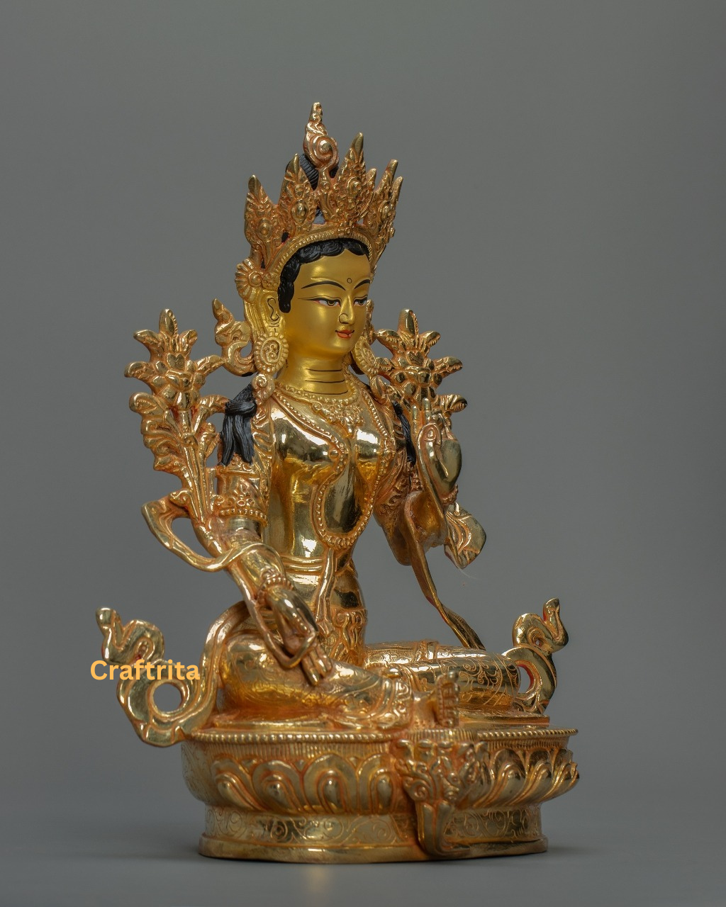 Green Tara Statue 3 kg – Copper Body with 24K Gold Plated Fire Gilding | Handmade Tibetan Buddhist Goddess of Compassion for Spiritual Home Decor